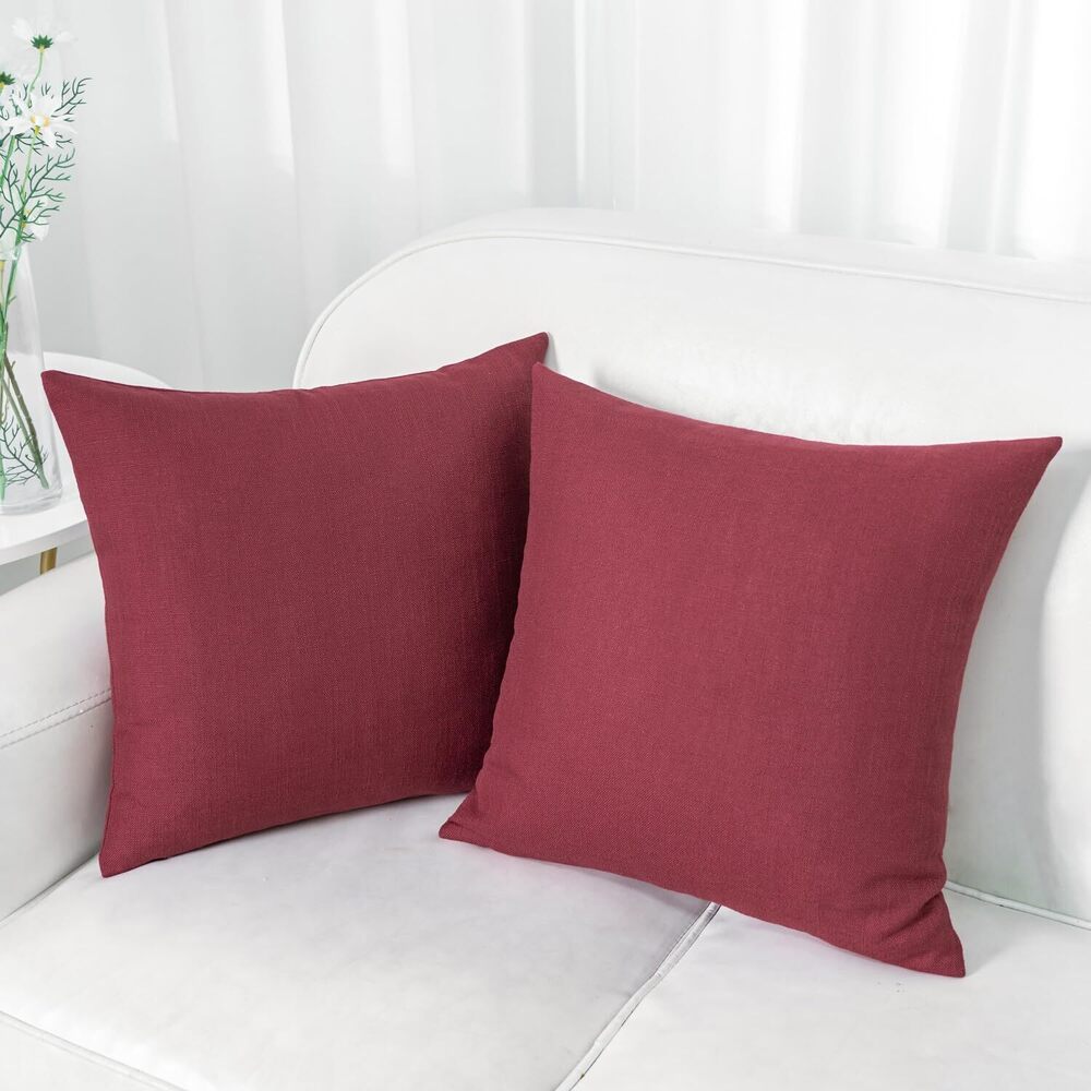 1133 Solid Burgundy Red Faux Linen Throw Pillow Covers 22x22 Inch, Pack of